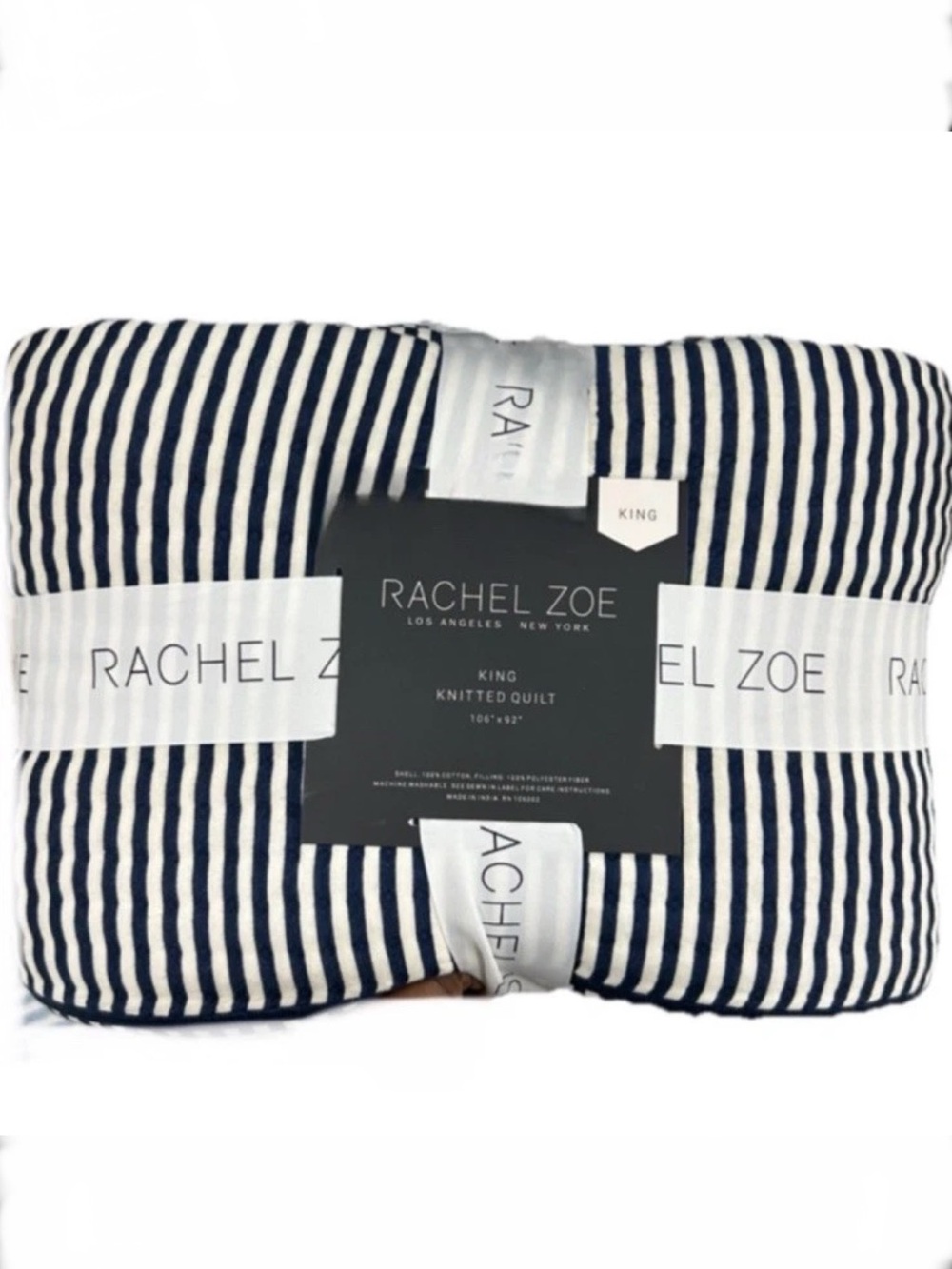Rachel Zoe Blue and White Striped Cotton Knitted King Quilt 106”x92”